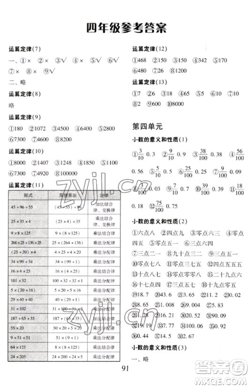 云南美術(shù)出版社2023每日10分鐘口算心算速算天天練四年級數(shù)學(xué)下冊人教版參考答案