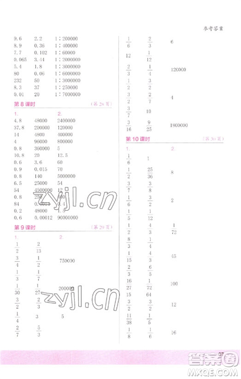 江蘇鳳凰少年兒童出版社2023口算小狀元口算速算天天練六年級數(shù)學(xué)下冊人教版參考答案