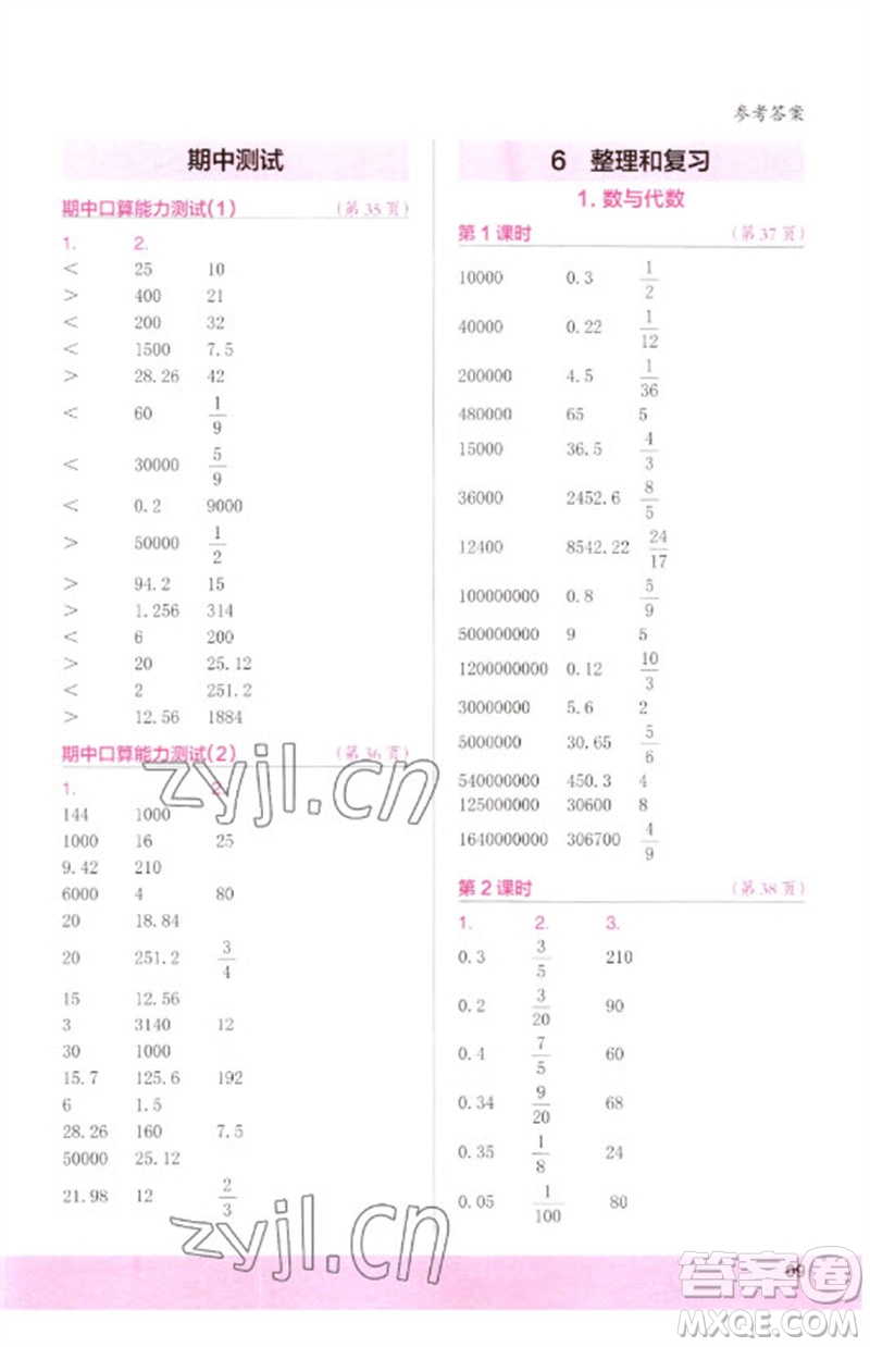 江蘇鳳凰少年兒童出版社2023口算小狀元口算速算天天練六年級數(shù)學(xué)下冊人教版參考答案
