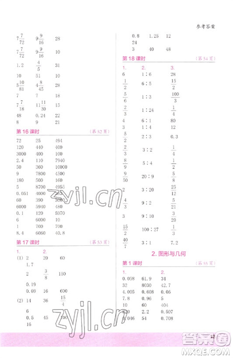 江蘇鳳凰少年兒童出版社2023口算小狀元口算速算天天練六年級數(shù)學(xué)下冊人教版參考答案