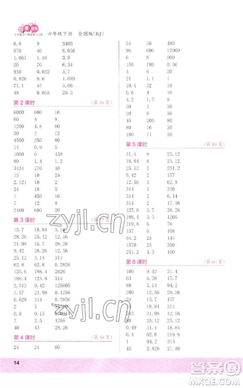 江蘇鳳凰少年兒童出版社2023口算小狀元口算速算天天練六年級數(shù)學(xué)下冊人教版參考答案