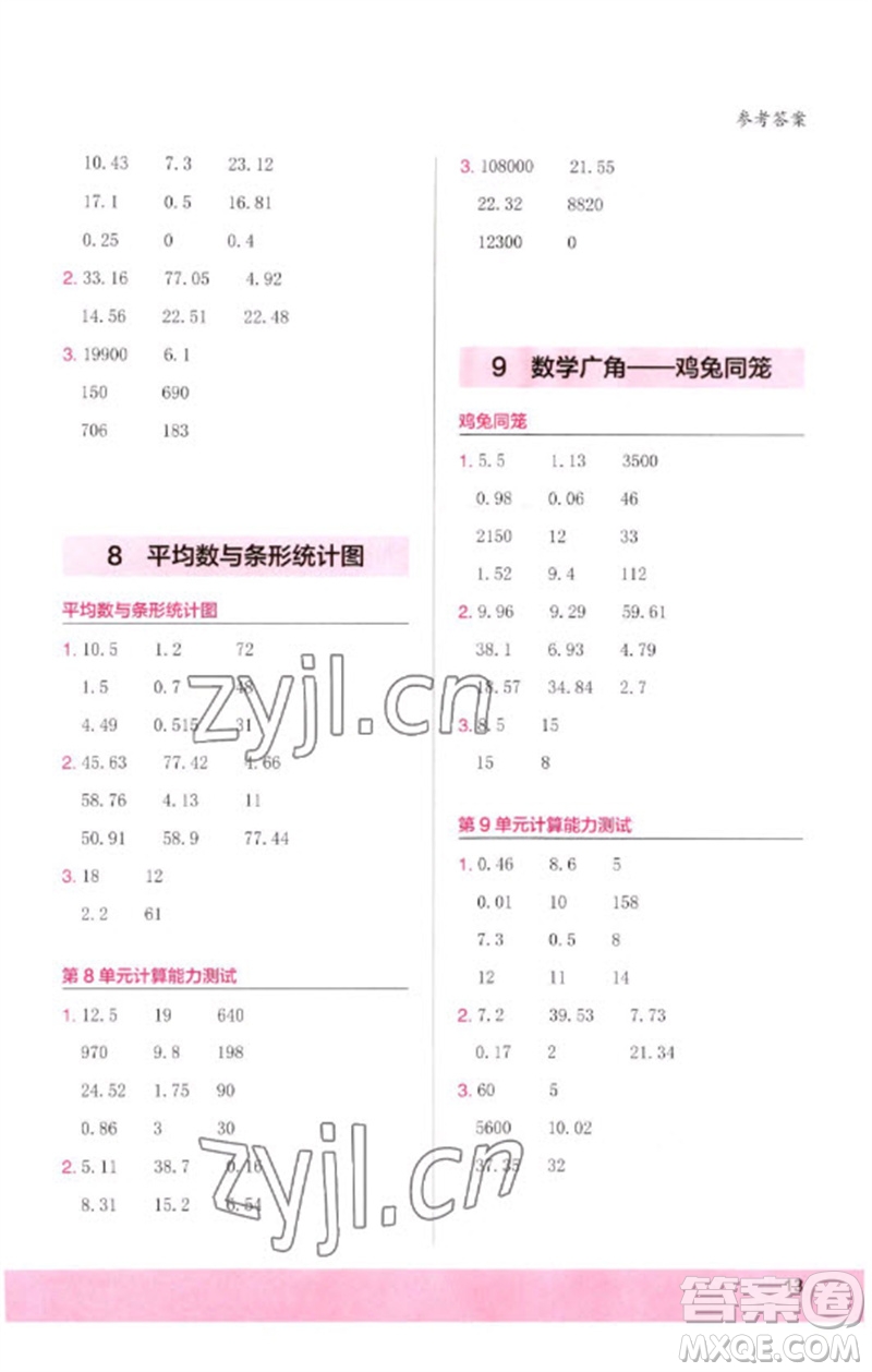 鷺江出版社2023木頭馬計(jì)算小狀元小學(xué)四年級數(shù)學(xué)下冊人教版浙江專版參考答案