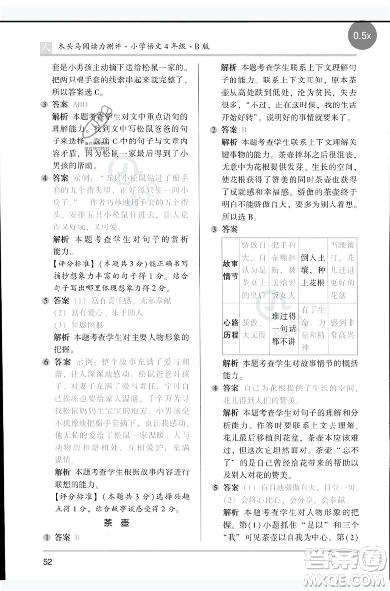 湖南師范大學出版社2023木頭馬閱讀力測評四年級語文人教版B版參考答案