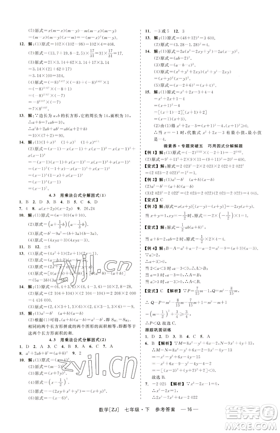 浙江工商大學(xué)出版社2023精彩練習(xí)就練這一本七年級下冊數(shù)學(xué)浙教版參考答案