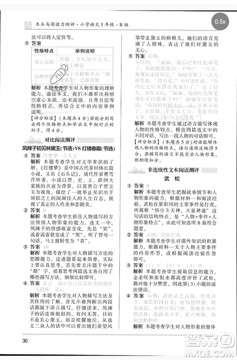湖南師范大學(xué)出版社2023木頭馬閱讀力測(cè)評(píng)五年級(jí)語(yǔ)文人教版B版參考答案