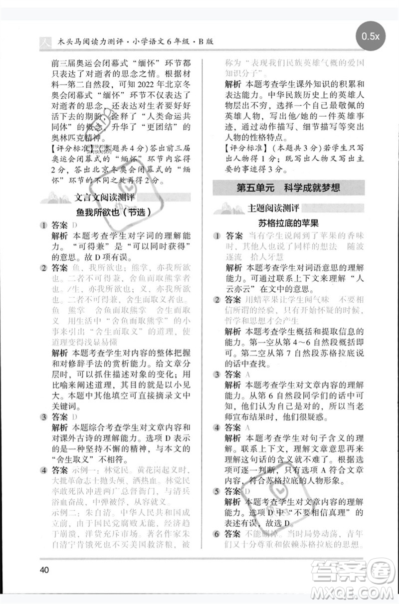 湖南師范大學(xué)出版社2023木頭馬閱讀力測(cè)評(píng)六年級(jí)語文人教版B版參考答案
