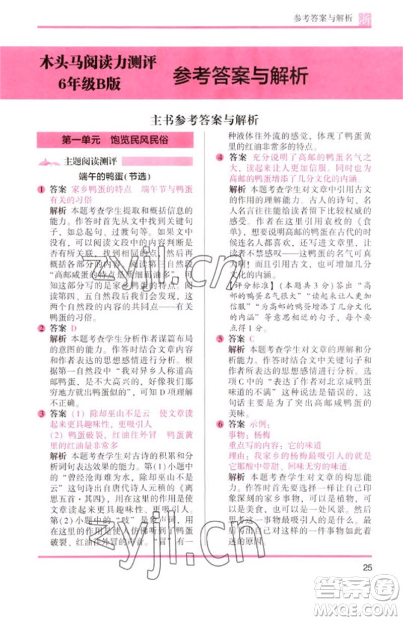江蘇鳳凰文藝出版社2023木頭馬閱讀力測評六年級語文下冊人教版浙江專版B版參考答案