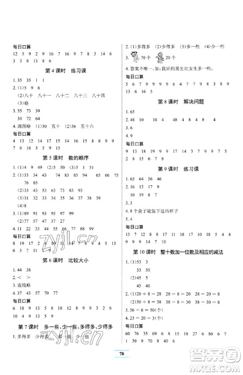 長(zhǎng)江少年兒童出版社2023長(zhǎng)江全能學(xué)案課堂作業(yè)一年級(jí)數(shù)學(xué)下冊(cè)人教版參考答案