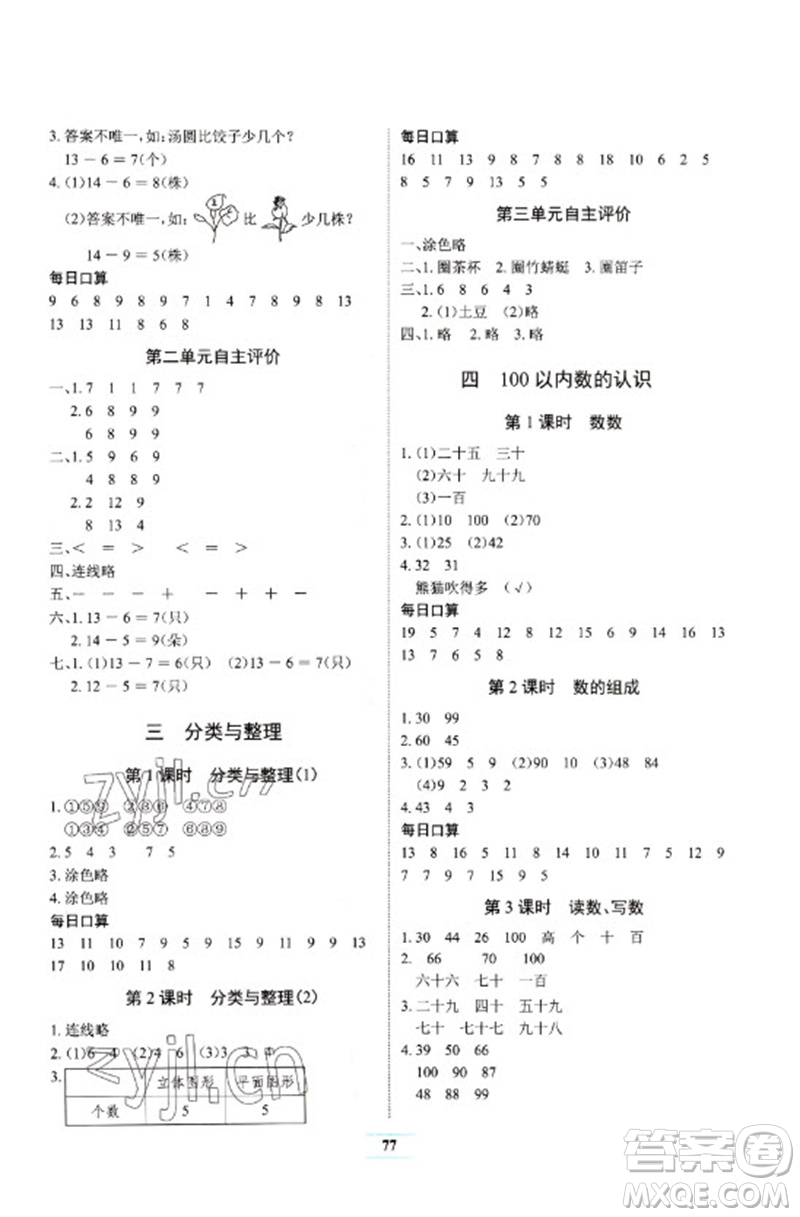 長(zhǎng)江少年兒童出版社2023長(zhǎng)江全能學(xué)案課堂作業(yè)一年級(jí)數(shù)學(xué)下冊(cè)人教版參考答案