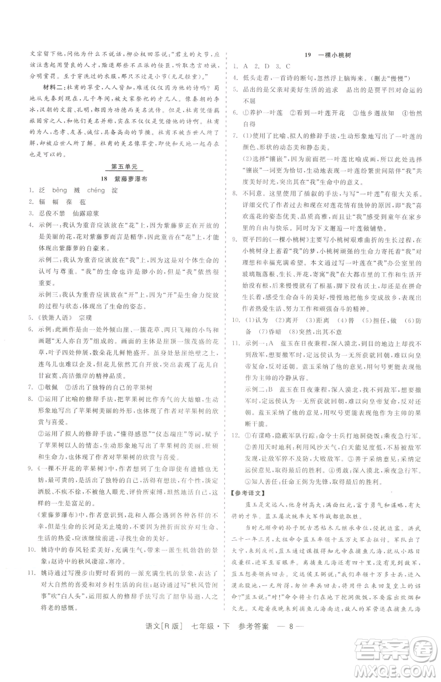 浙江工商大學(xué)出版社2023精彩練習(xí)就練這一本七年級下冊語文人教版參考答案
