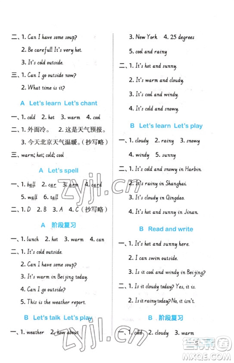 江西教育出版社2023陽光同學(xué)默寫小達(dá)人四年級(jí)英語下冊(cè)人教PEP版參考答案