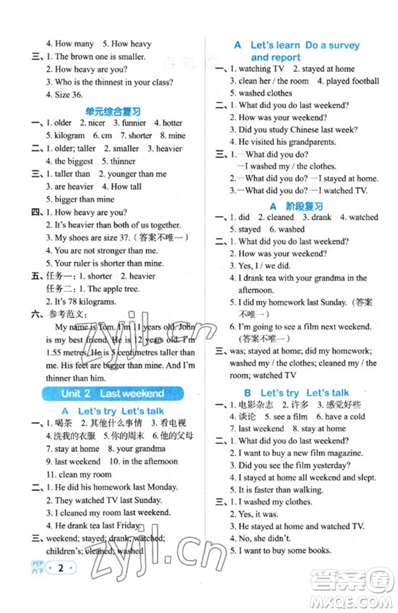 江西教育出版社2023陽(yáng)光同學(xué)默寫小達(dá)人六年級(jí)英語(yǔ)下冊(cè)人教PEP版參考答案