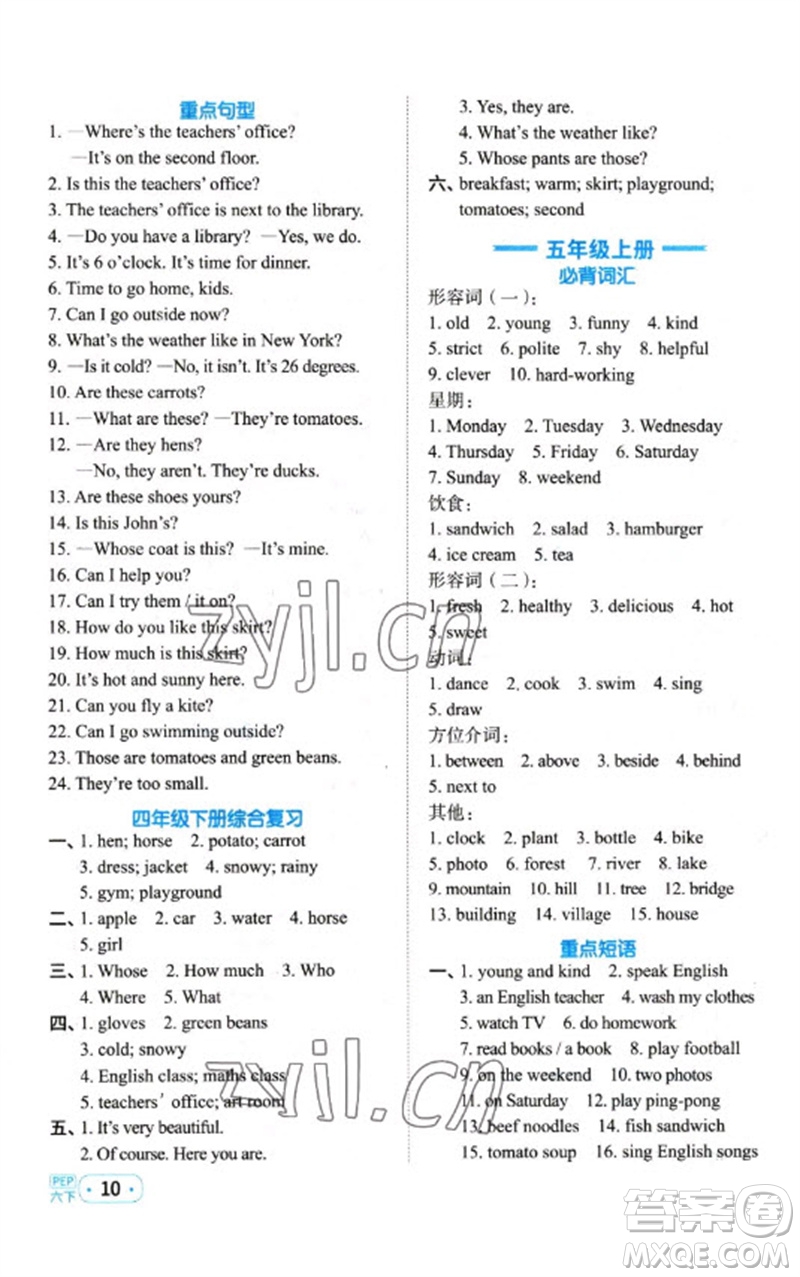 江西教育出版社2023陽(yáng)光同學(xué)默寫小達(dá)人六年級(jí)英語(yǔ)下冊(cè)人教PEP版參考答案