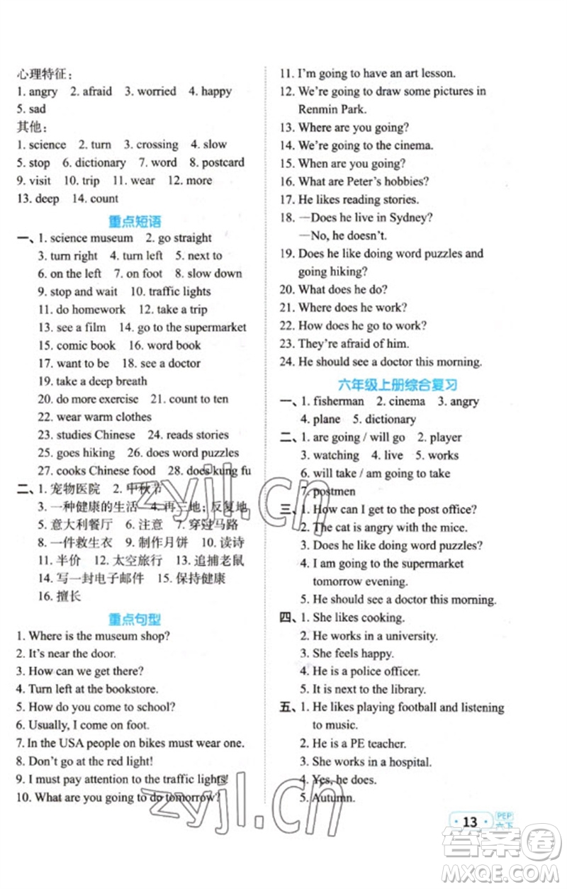 江西教育出版社2023陽(yáng)光同學(xué)默寫小達(dá)人六年級(jí)英語(yǔ)下冊(cè)人教PEP版參考答案