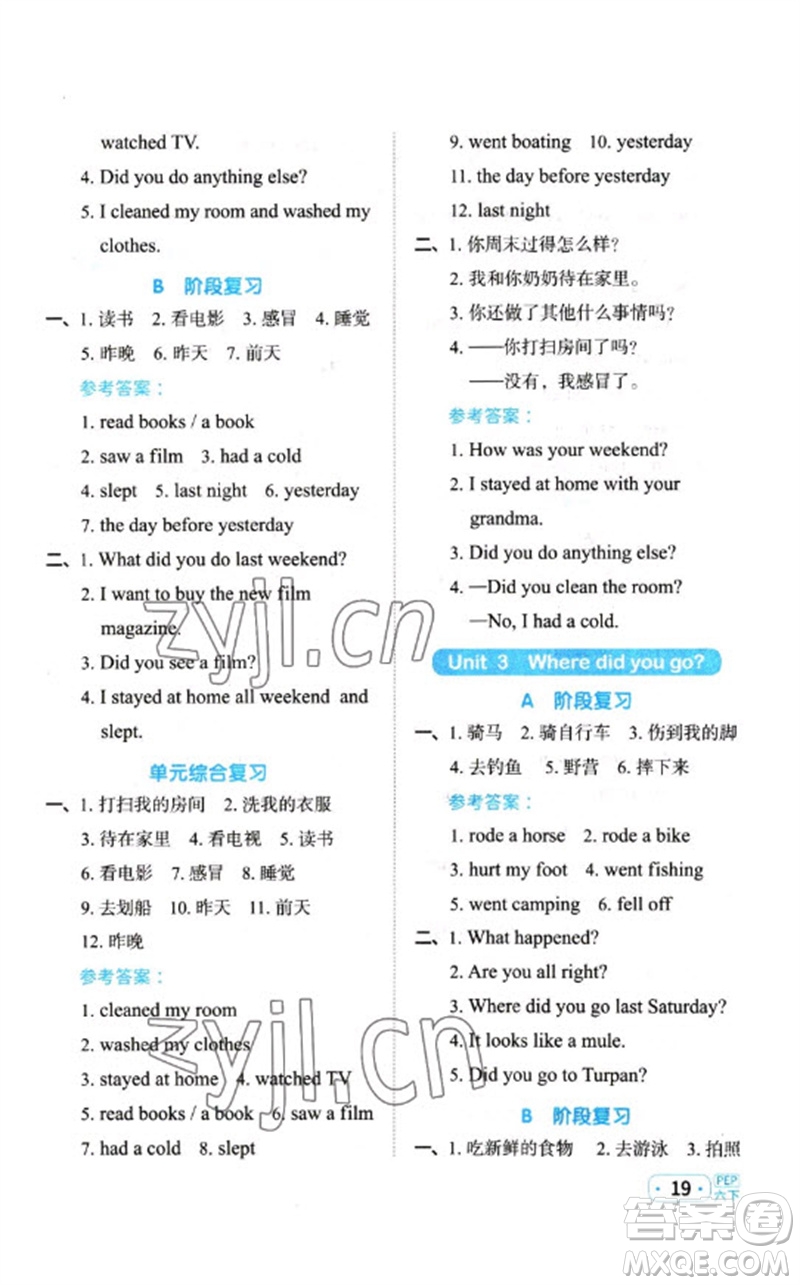 江西教育出版社2023陽(yáng)光同學(xué)默寫小達(dá)人六年級(jí)英語(yǔ)下冊(cè)人教PEP版參考答案