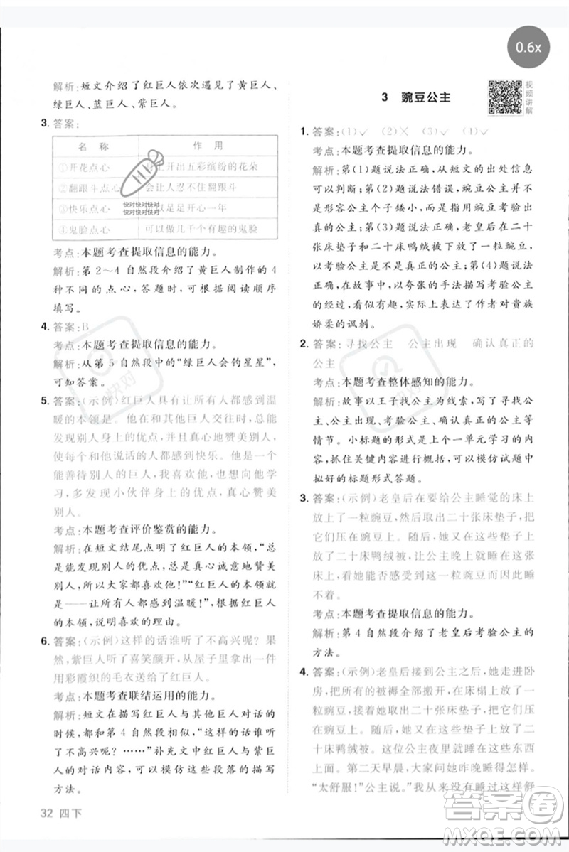 江西教育出版社2023陽光同學(xué)同步閱讀素養(yǎng)測試四年級語文下冊人教版參考答案