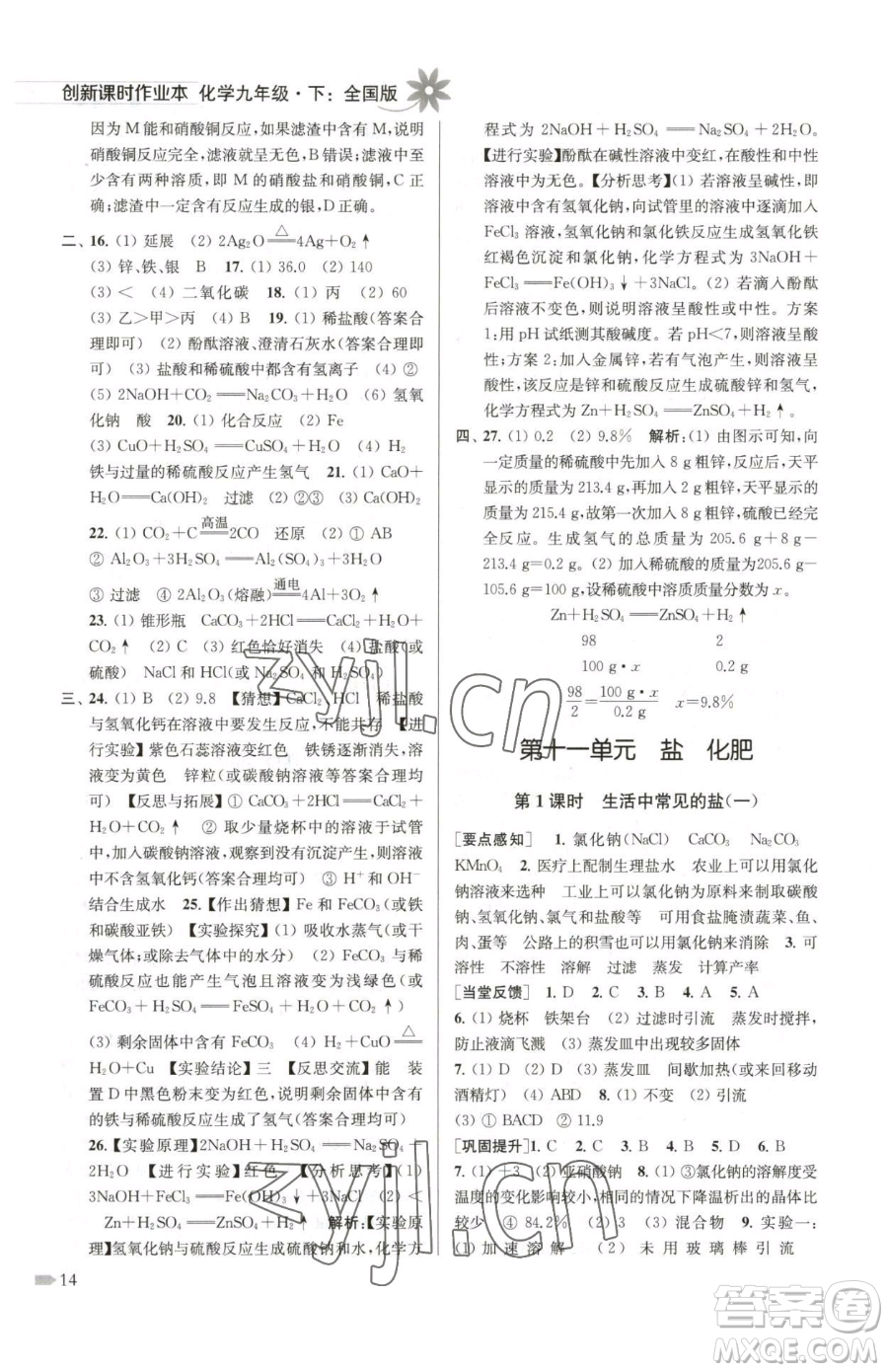 江蘇鳳凰美術(shù)出版社2023創(chuàng)新課時(shí)作業(yè)本九年級(jí)下冊(cè)化學(xué)全國版參考答案