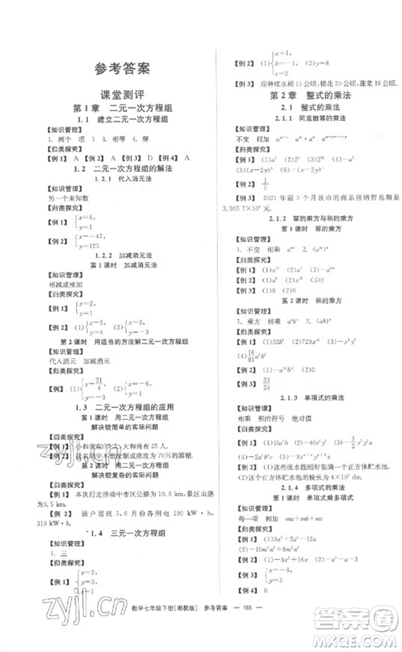 湖南教育出版社2023全效學(xué)習(xí)同步學(xué)練測七年級數(shù)學(xué)下冊湘教版參考答案