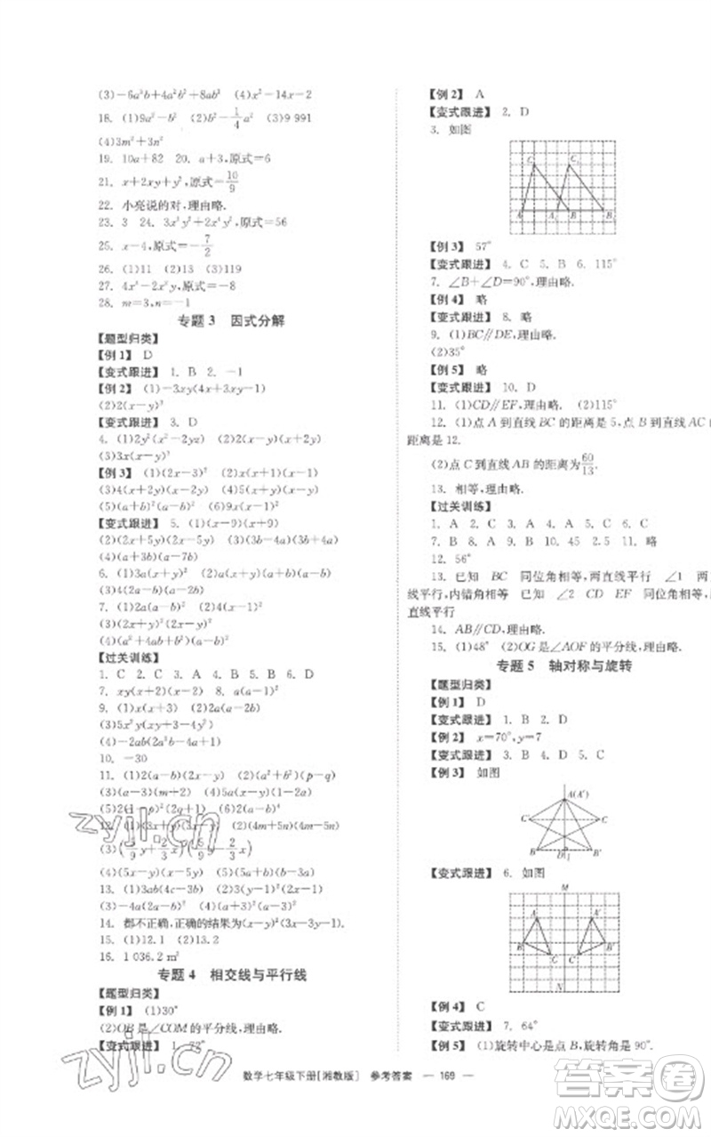 湖南教育出版社2023全效學(xué)習(xí)同步學(xué)練測七年級數(shù)學(xué)下冊湘教版參考答案