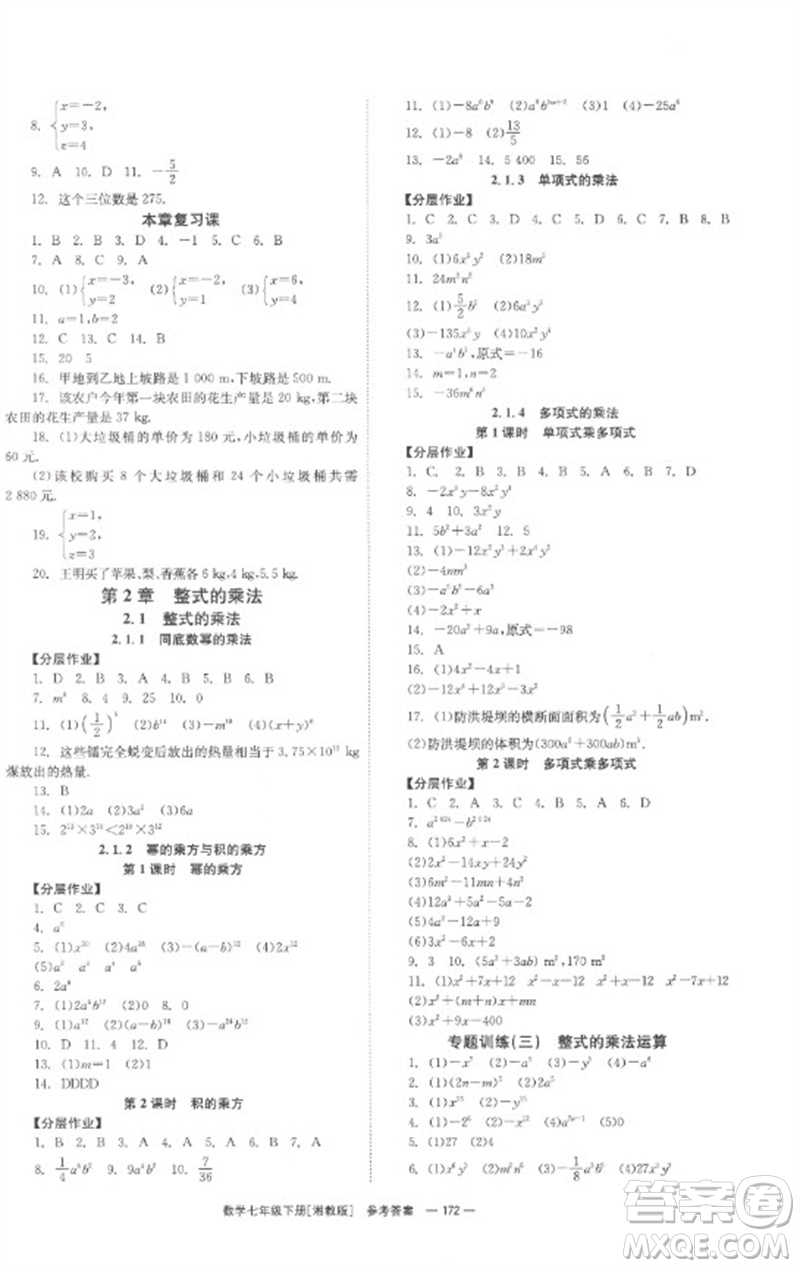 湖南教育出版社2023全效學(xué)習(xí)同步學(xué)練測七年級數(shù)學(xué)下冊湘教版參考答案