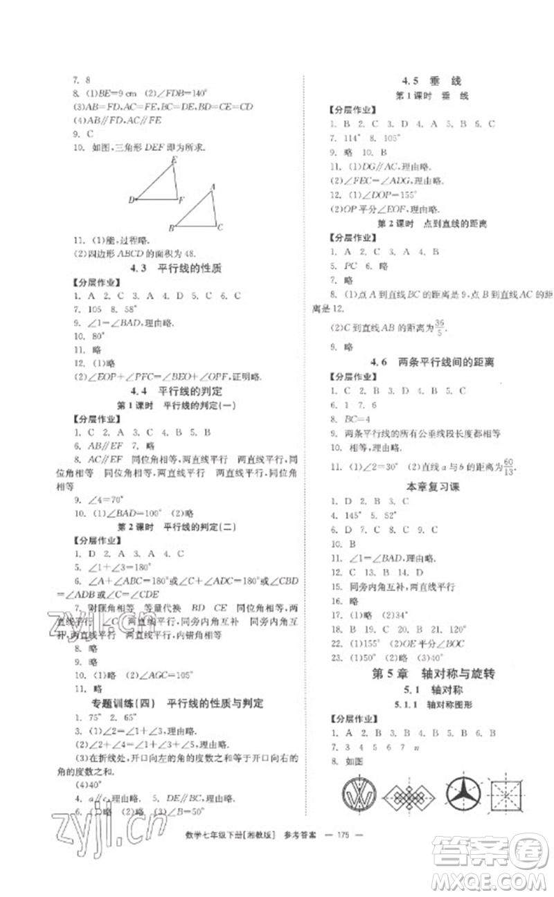 湖南教育出版社2023全效學(xué)習(xí)同步學(xué)練測七年級數(shù)學(xué)下冊湘教版參考答案