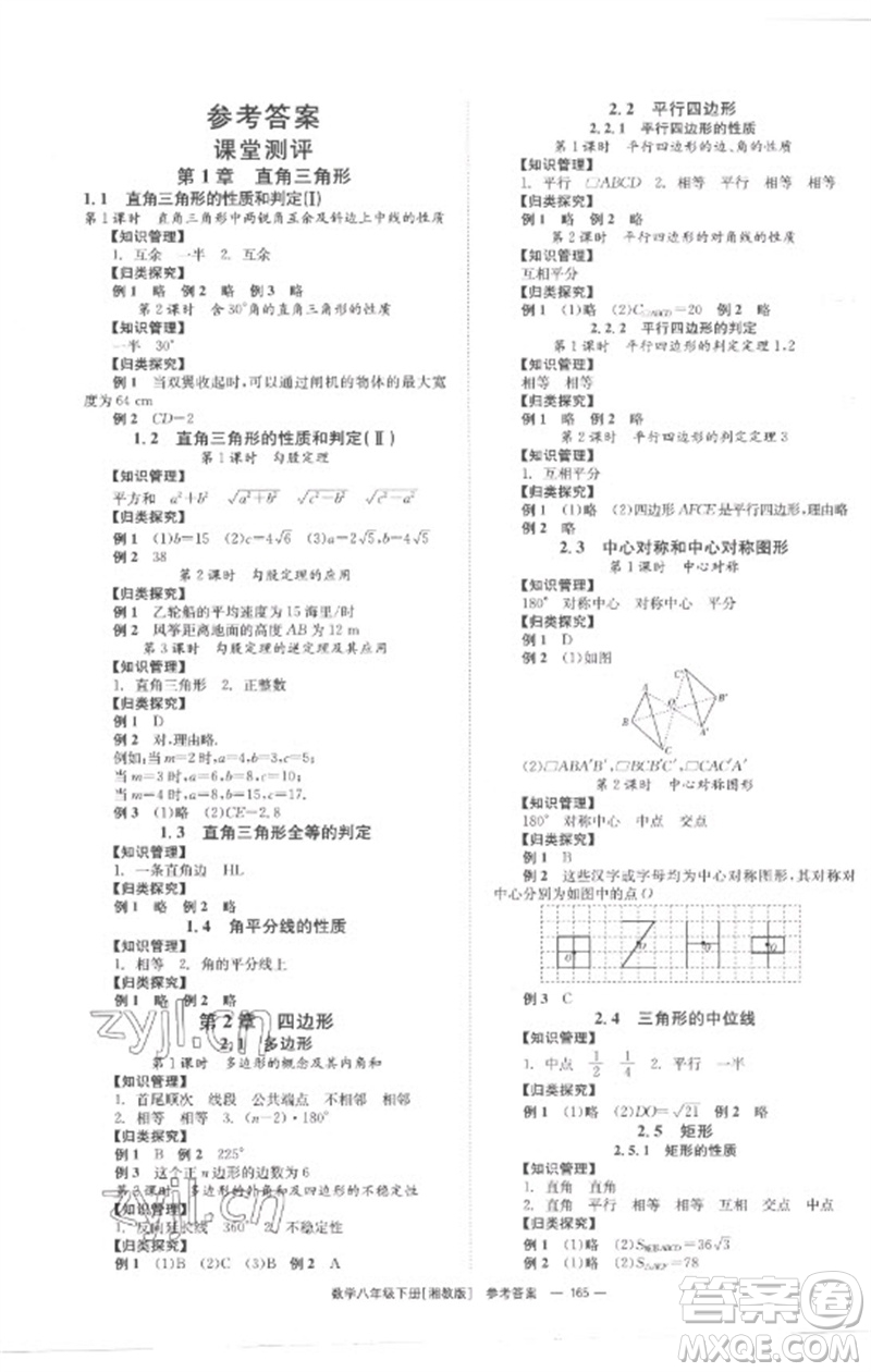 湖南教育出版社2023全效學(xué)習(xí)同步學(xué)練測八年級數(shù)學(xué)下冊湘教版參考答案