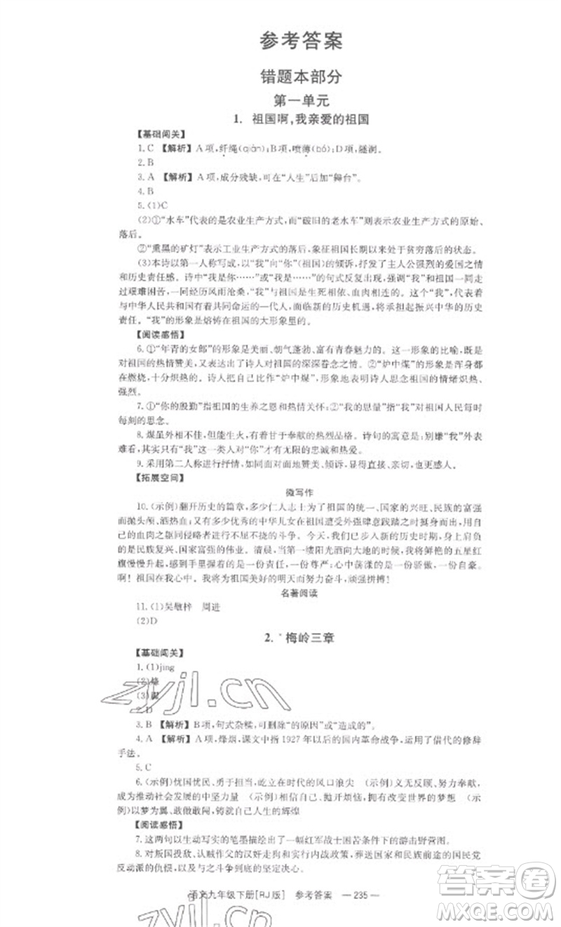 湖南教育出版社2023全效學(xué)習(xí)同步學(xué)練測九年級語文下冊人教版參考答案