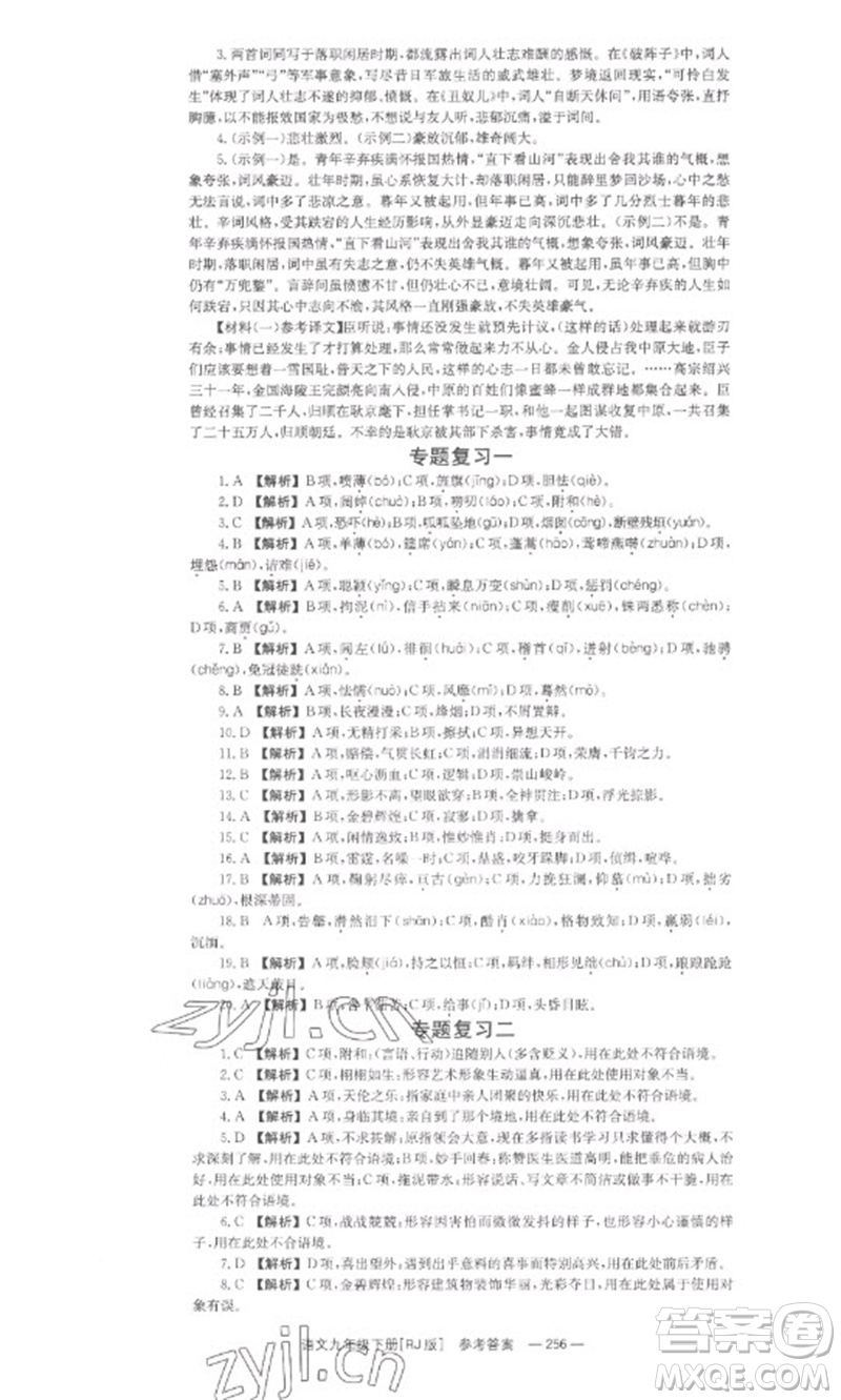 湖南教育出版社2023全效學(xué)習(xí)同步學(xué)練測九年級語文下冊人教版參考答案