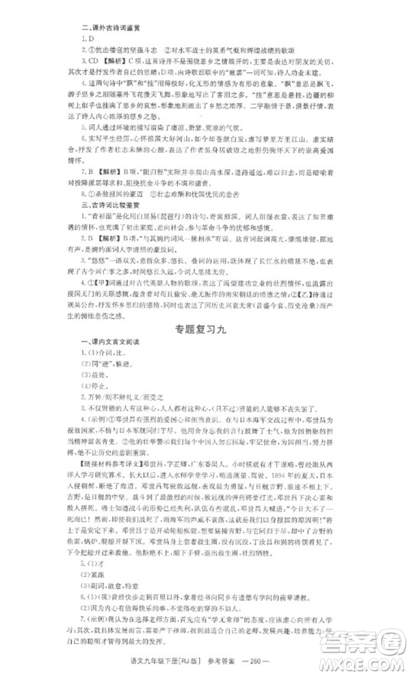 湖南教育出版社2023全效學(xué)習(xí)同步學(xué)練測九年級語文下冊人教版參考答案