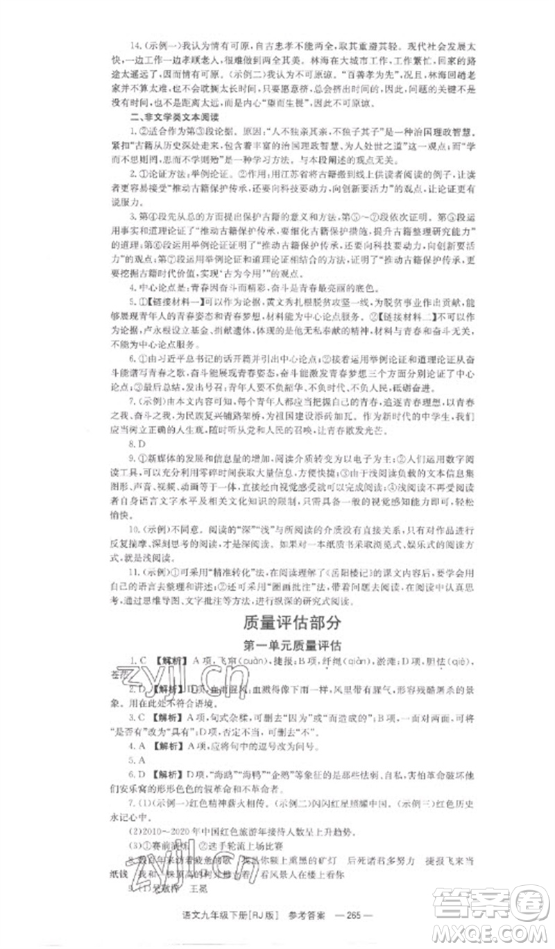 湖南教育出版社2023全效學(xué)習(xí)同步學(xué)練測九年級語文下冊人教版參考答案