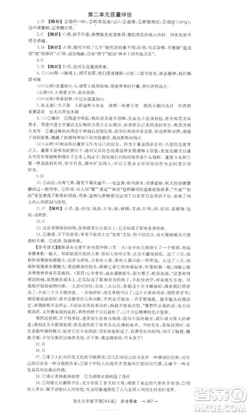 湖南教育出版社2023全效學(xué)習(xí)同步學(xué)練測九年級語文下冊人教版參考答案