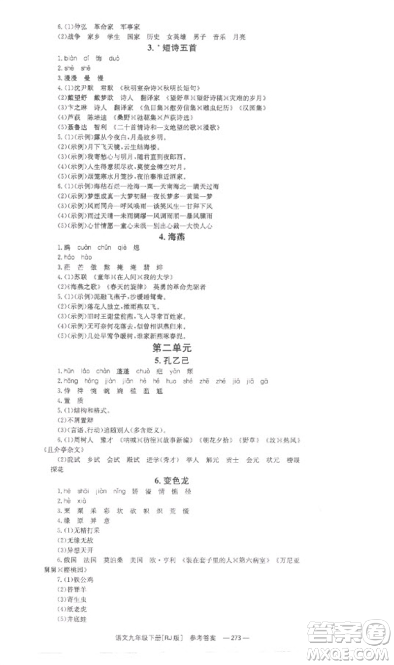 湖南教育出版社2023全效學(xué)習(xí)同步學(xué)練測九年級語文下冊人教版參考答案