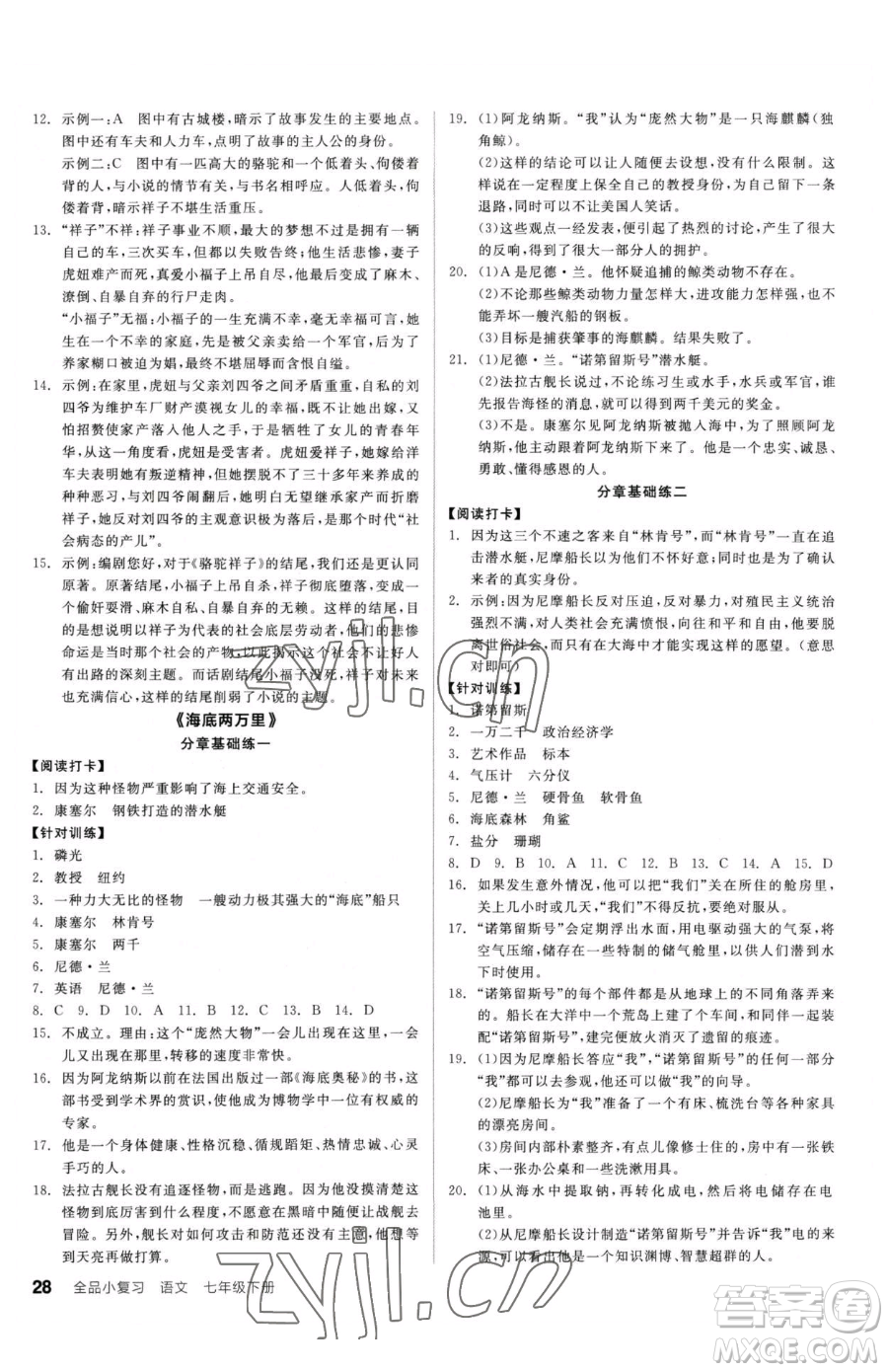 陽光出版社2023全品小復習七年級下冊語文人教版參考答案