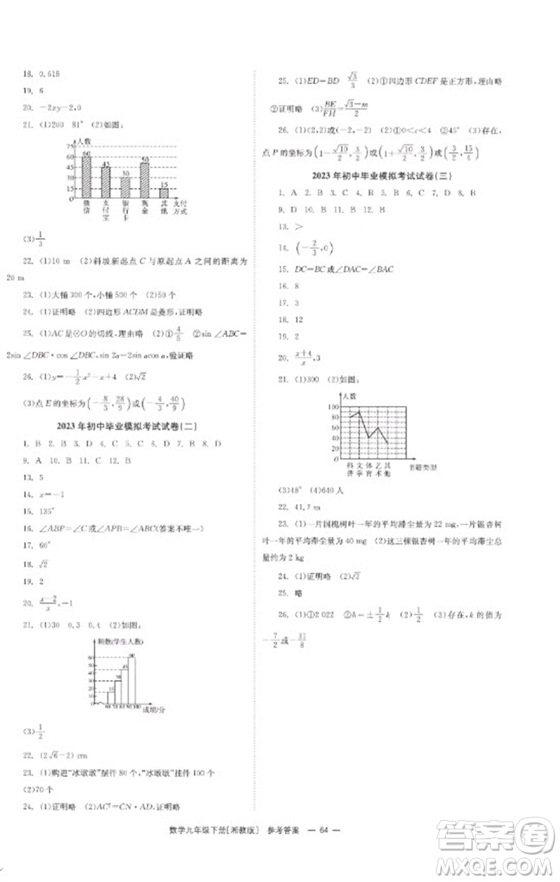 湖南教育出版社2023全效學(xué)習(xí)同步學(xué)練測(cè)九年級(jí)數(shù)學(xué)下冊(cè)湘教版參考答案