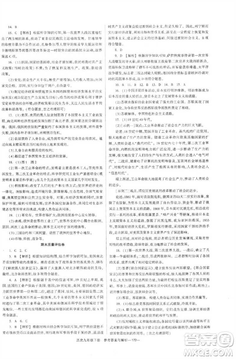 湖南教育出版社2023全效學習同步學練測九年級歷史下冊人教版參考答案