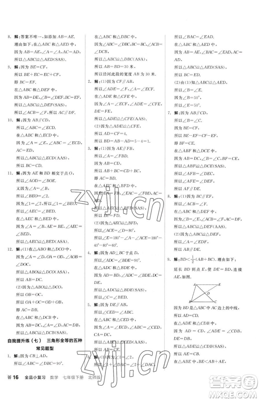 陽(yáng)光出版社2023全品小復(fù)習(xí)七年級(jí)下冊(cè)數(shù)學(xué)北師大版參考答案