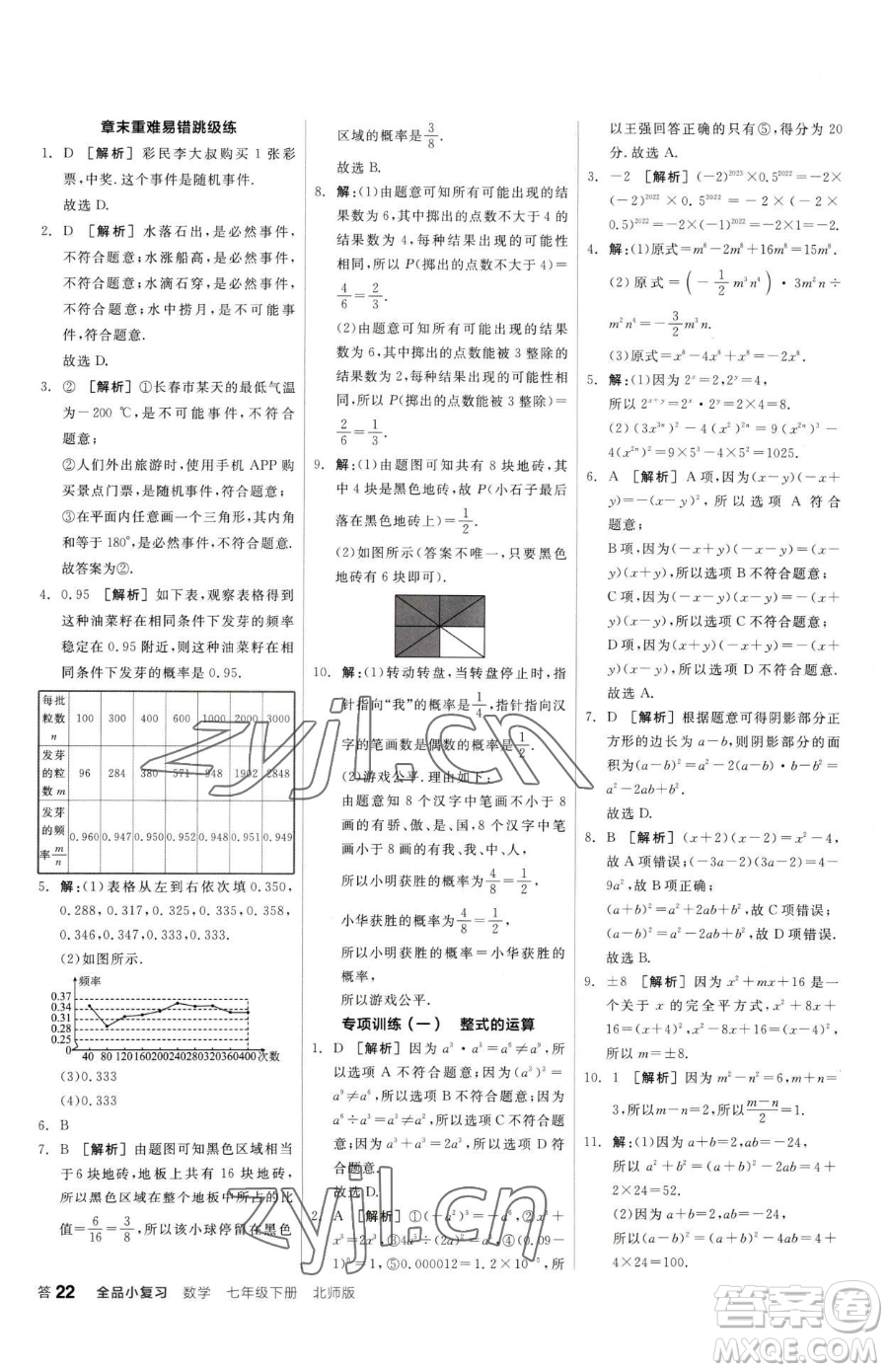 陽(yáng)光出版社2023全品小復(fù)習(xí)七年級(jí)下冊(cè)數(shù)學(xué)北師大版參考答案