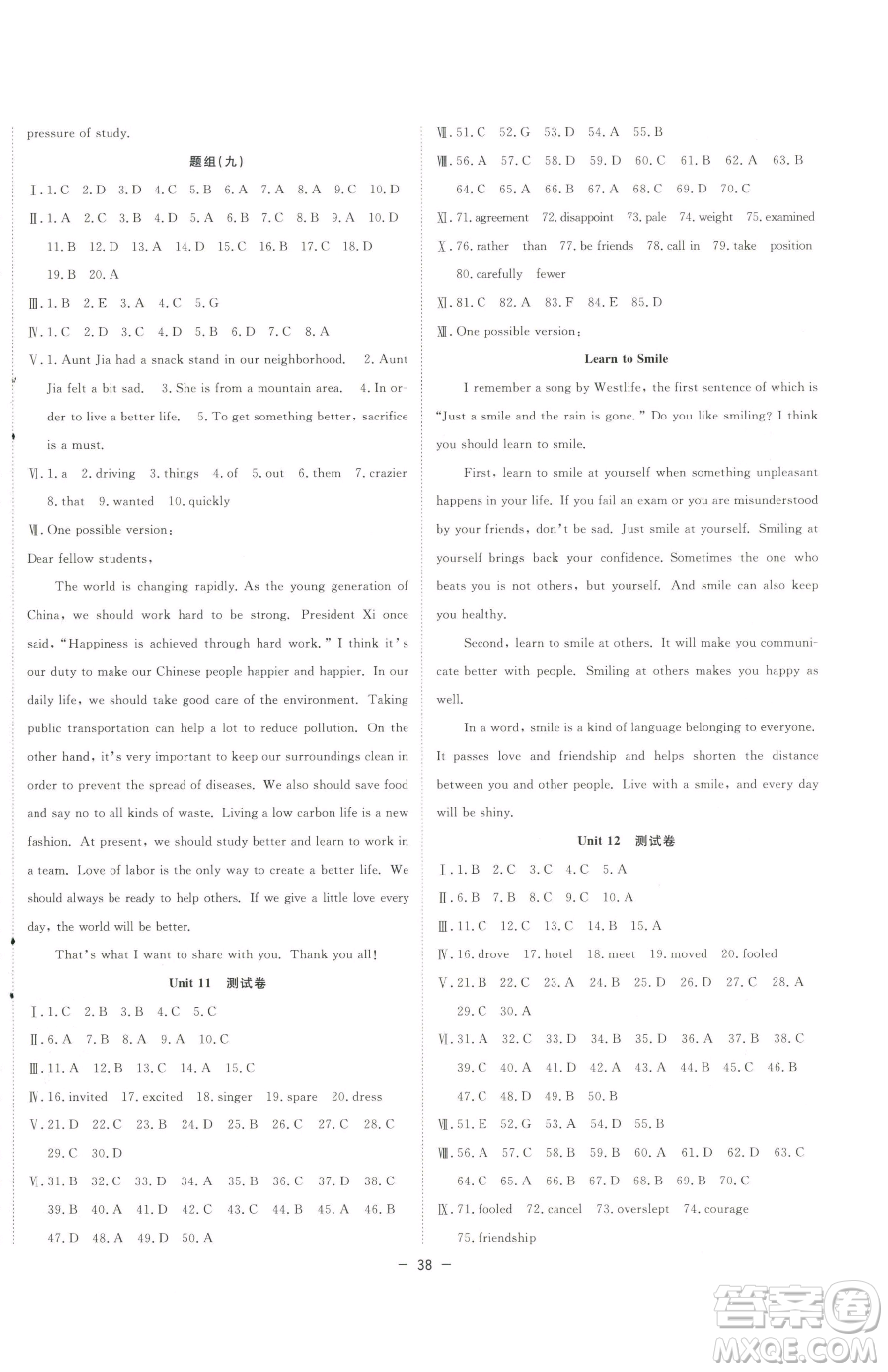 合肥工業(yè)大學(xué)出版社2023全頻道課時(shí)作業(yè)九年級下冊英語人教版參考答案