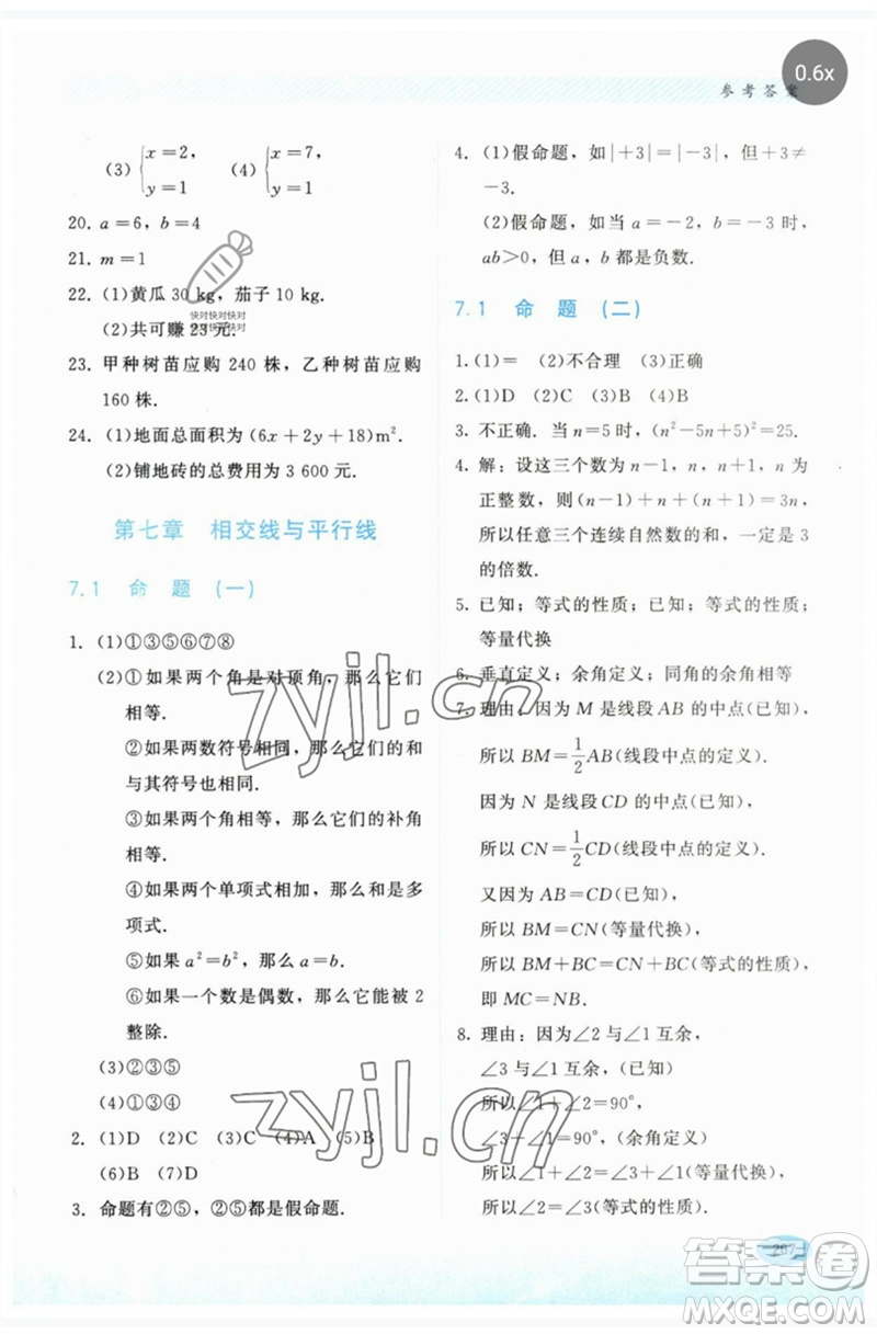 河北教育出版社2023同步練習(xí)冊七年級數(shù)學(xué)下冊冀教版參考答案