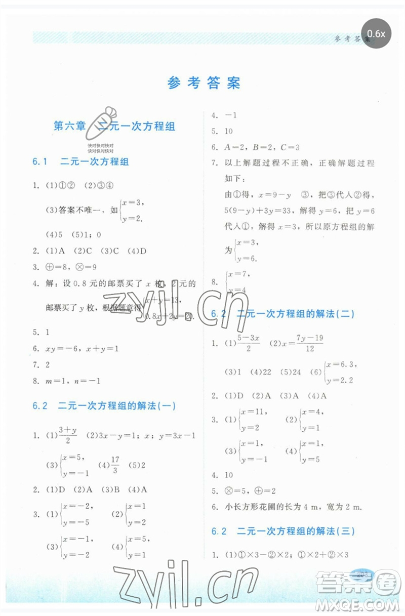 河北教育出版社2023同步練習(xí)冊七年級數(shù)學(xué)下冊冀教版參考答案