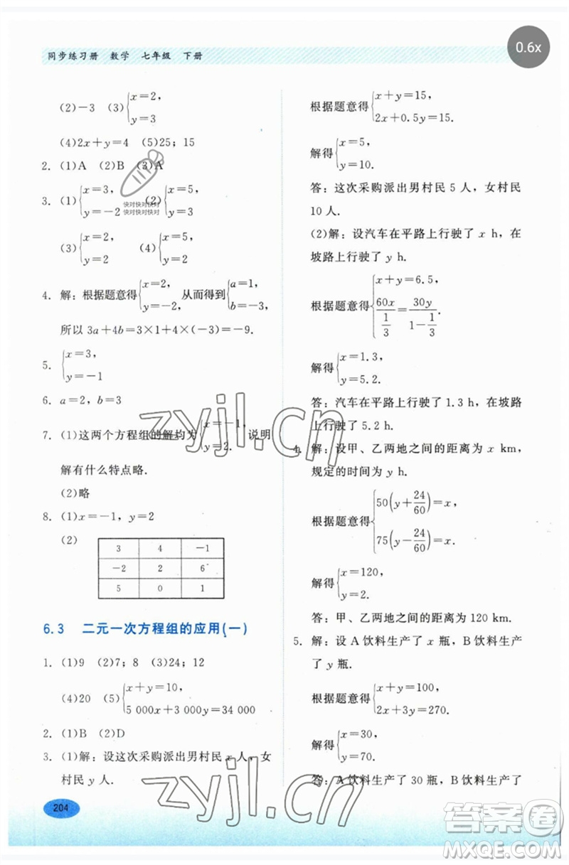 河北教育出版社2023同步練習(xí)冊七年級數(shù)學(xué)下冊冀教版參考答案