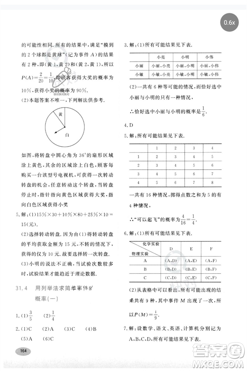 河北教育出版社2023同步練習(xí)冊九年級數(shù)學(xué)下冊冀教版參考答案