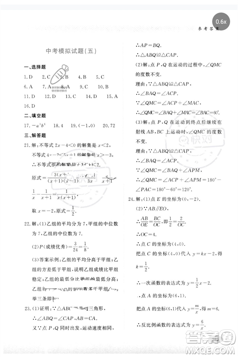 河北教育出版社2023同步練習(xí)冊九年級數(shù)學(xué)下冊冀教版參考答案