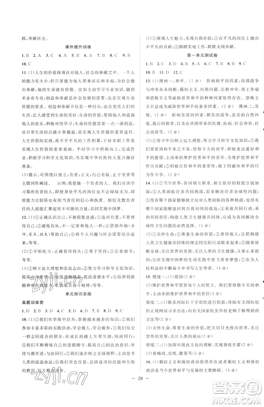 合肥工業(yè)大學(xué)出版社2023全頻道課時(shí)作業(yè)九年級(jí)下冊(cè)道德與法治人教版參考答案