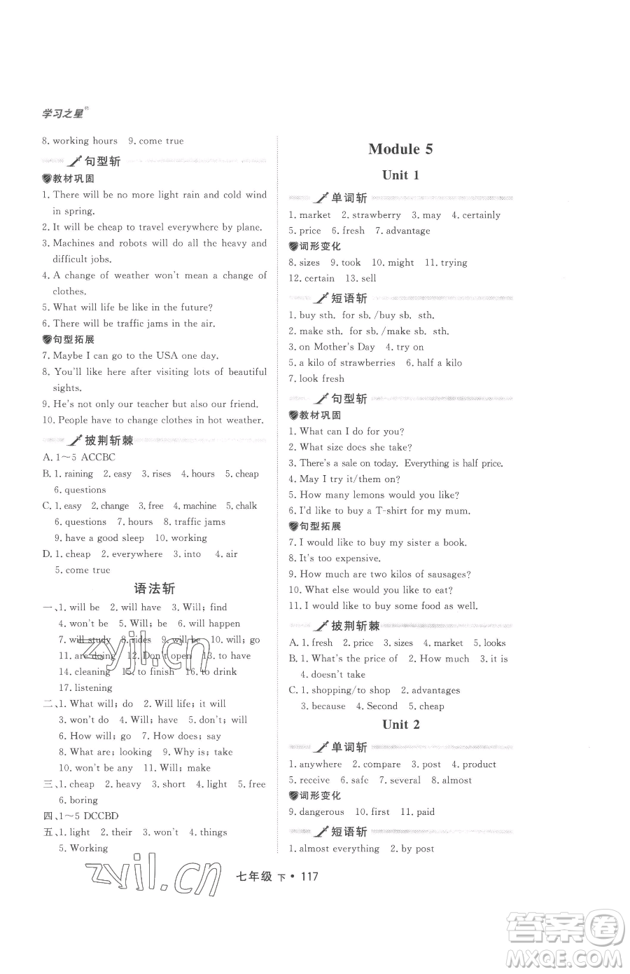 沈陽出版社2023博師在線七年級下冊英語外研版大連專版參考答案