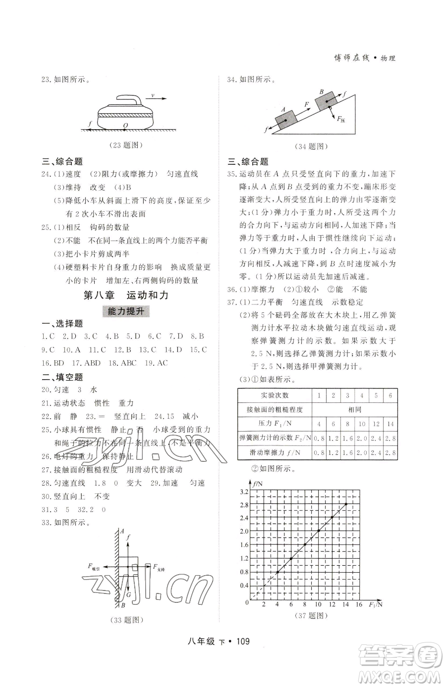 沈陽出版社2023博師在線八年級下冊物理人教版大連專版參考答案