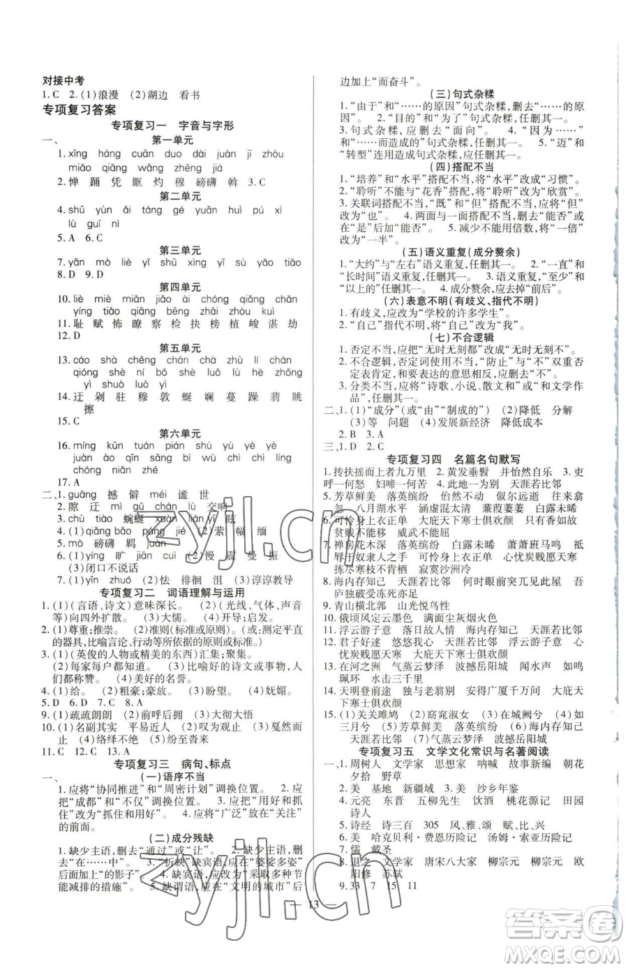 延邊教育出版社2023暢行課堂八年級(jí)下冊(cè)語文人教版參考答案