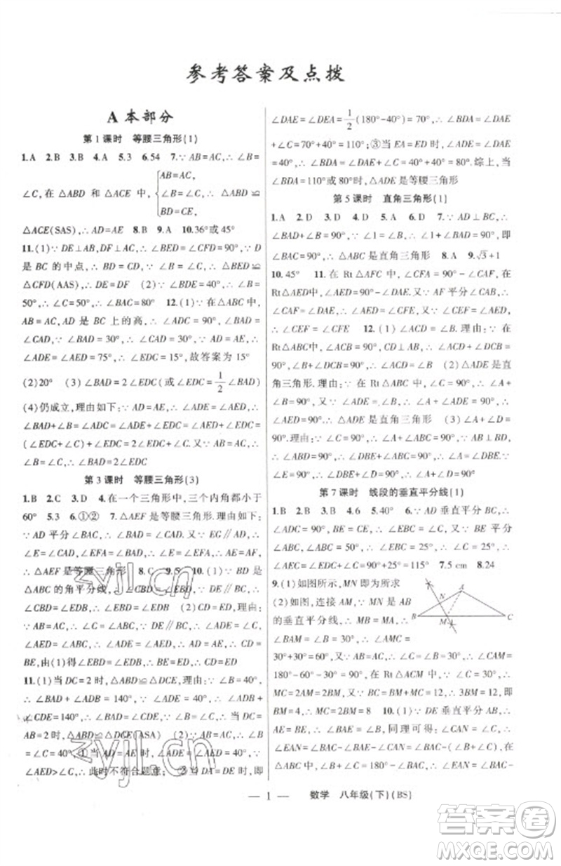 新疆青少年出版社2023原創(chuàng)新課堂八年級數(shù)學下冊北師大版深圳專版參考答案