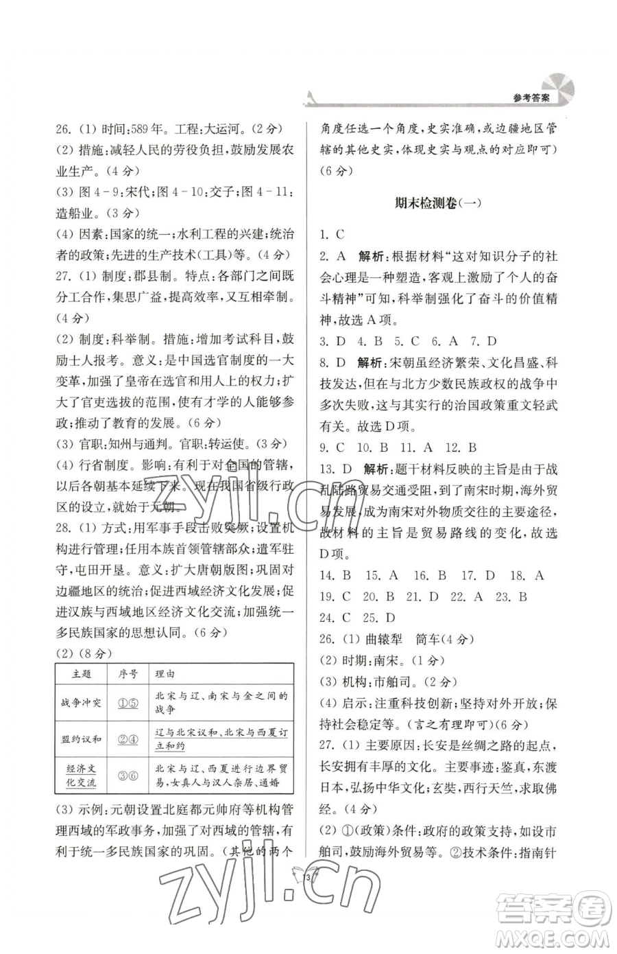 江蘇人民出版社2023創(chuàng)新課時(shí)作業(yè)本七年級下冊歷史人教版參考答案