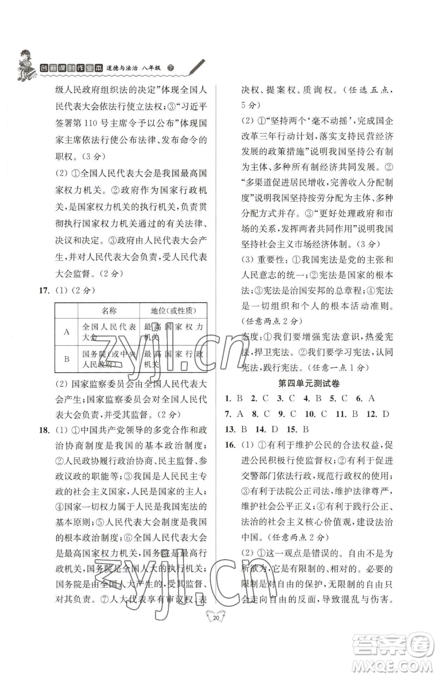 江蘇人民出版社2023創(chuàng)新課時作業(yè)本八年級下冊道德與法治人教版參考答案